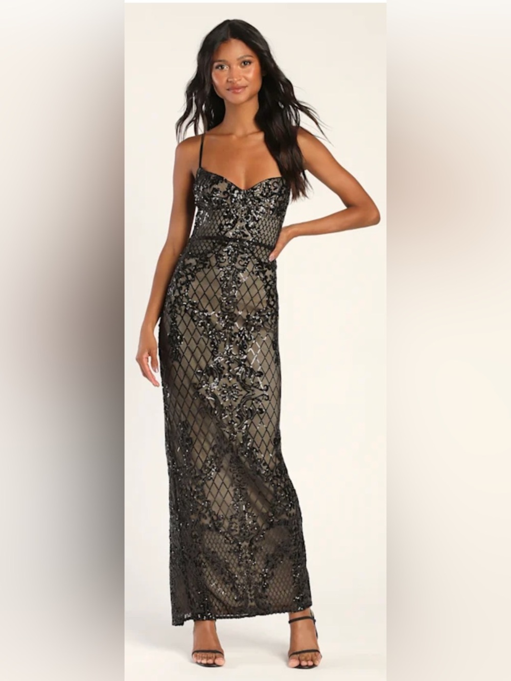 Lulus Moonlit Love Black Sequined Evening Gown with Spaghetti Straps - Picture 2 of 9
